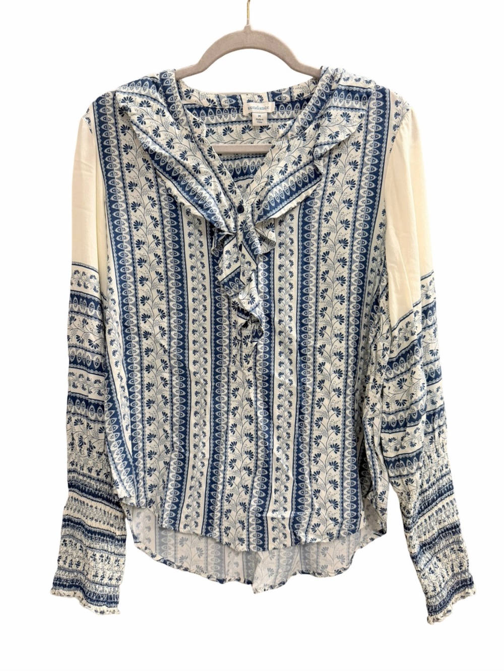 Sundance Blue Cream Boho Floral Print Ruffle Blouse Medium - Picture 2 of 9